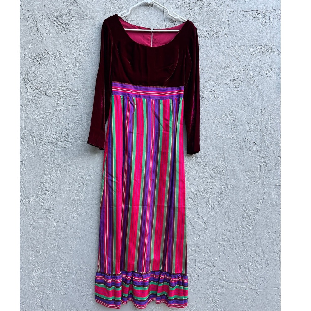Vintage Handmade Burgundy Velvet Long Sleeve Striped Jewel Maxi Dress MEDIUM